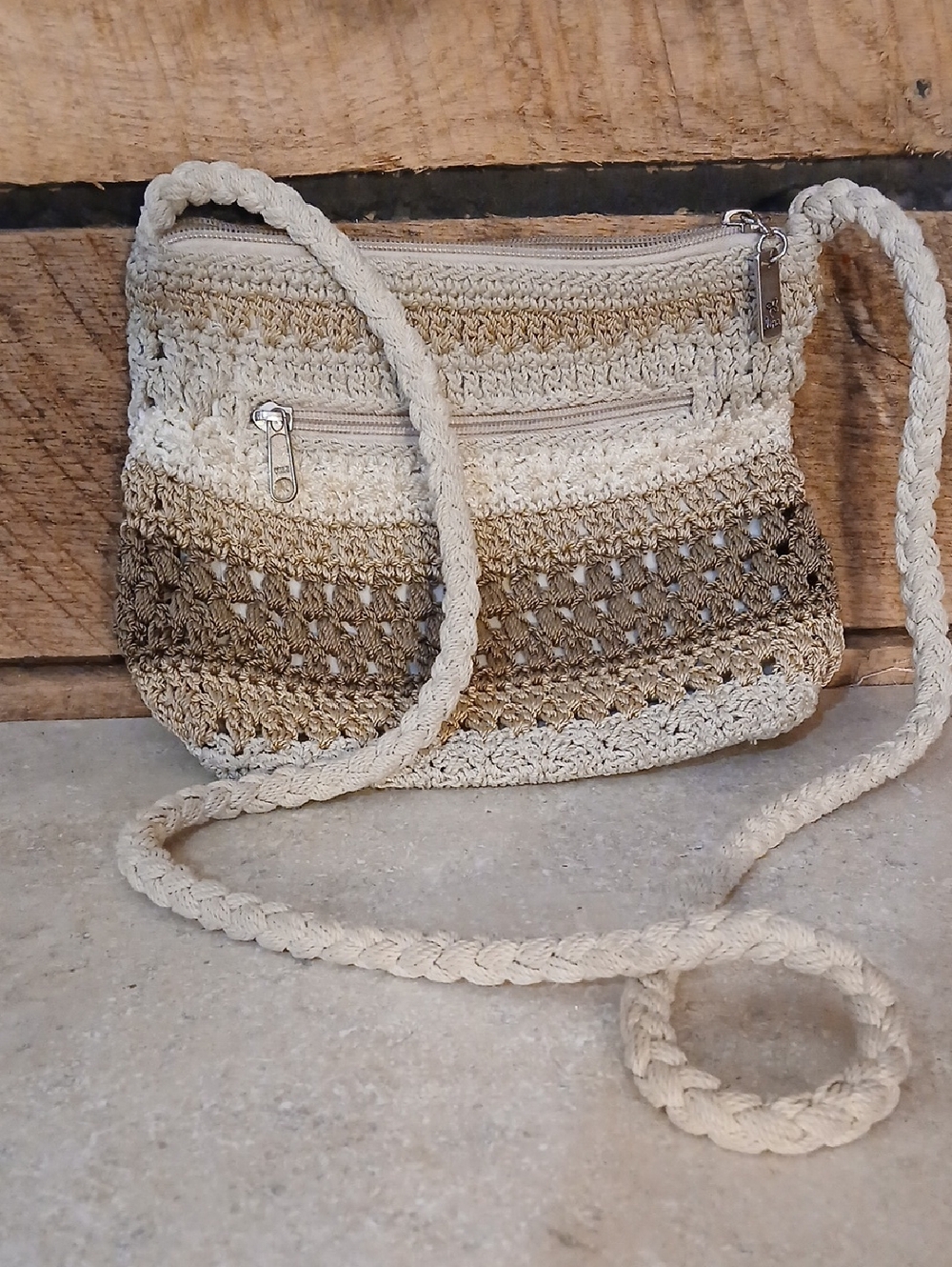 Woven Crochet Crossbody Bag in Beige and Brown